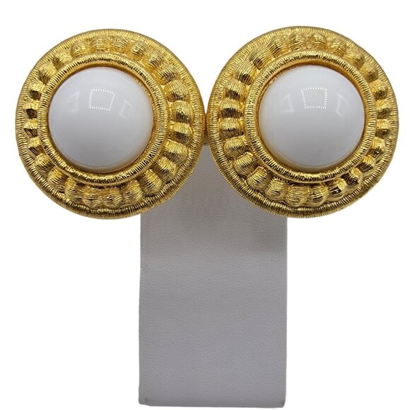 Givenchy Gold Tone Round White Lucite Button Clip On Earrings, Signed - Picture 4 of 4